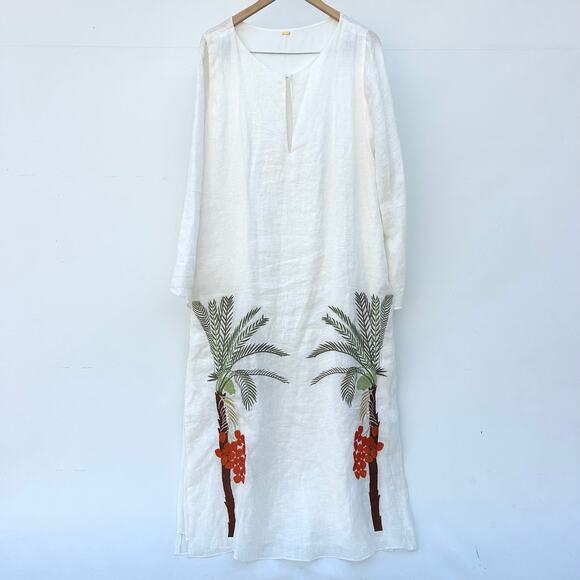 Juan de Dios Lisa Linen Midi Dress Embroidered Palm White Medium Caftan Cover-Up - Picture 4 of 13